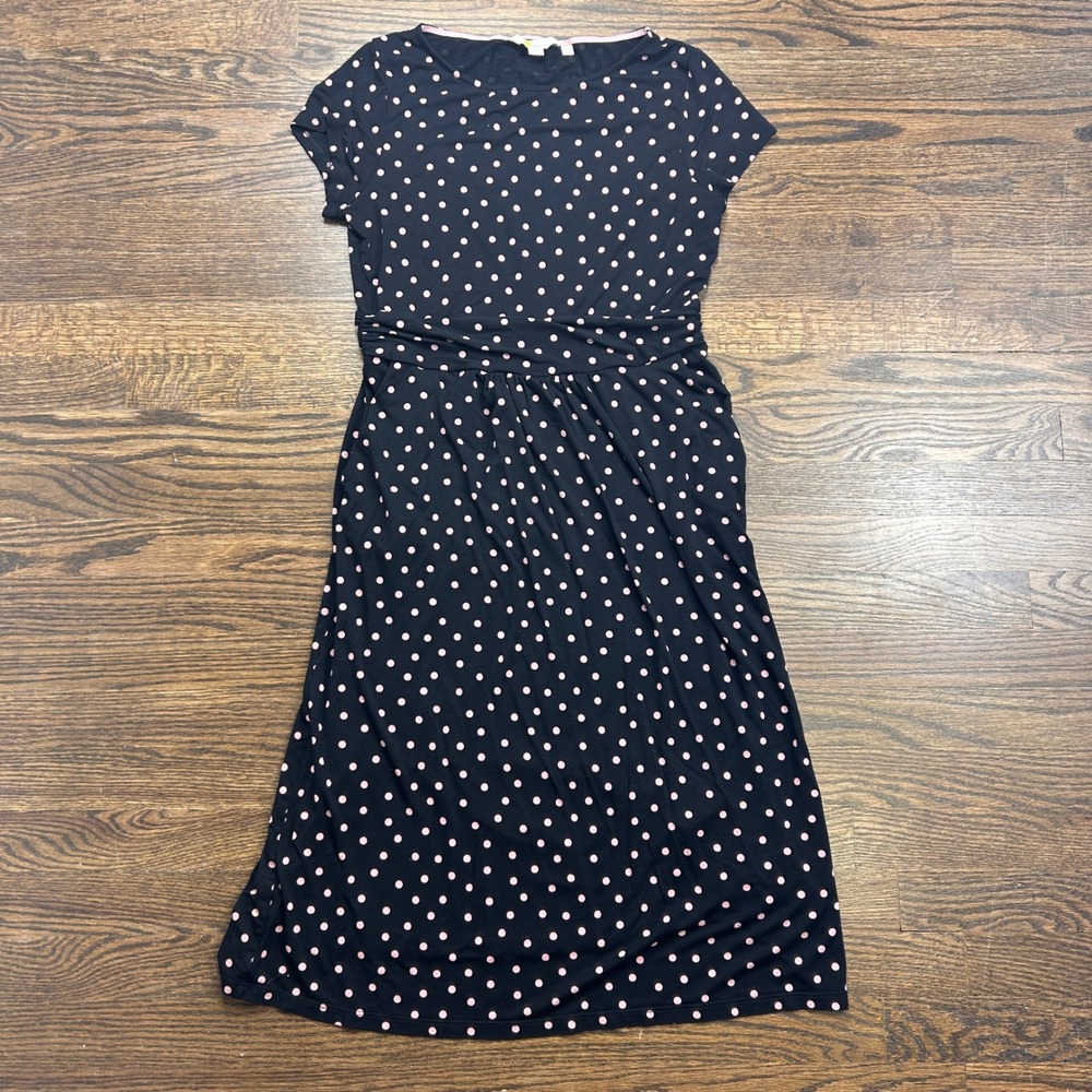 Boden Empire Dress Womens US 8L UK 12L Black Pink Polka Dot Jersey Midi Pockets
